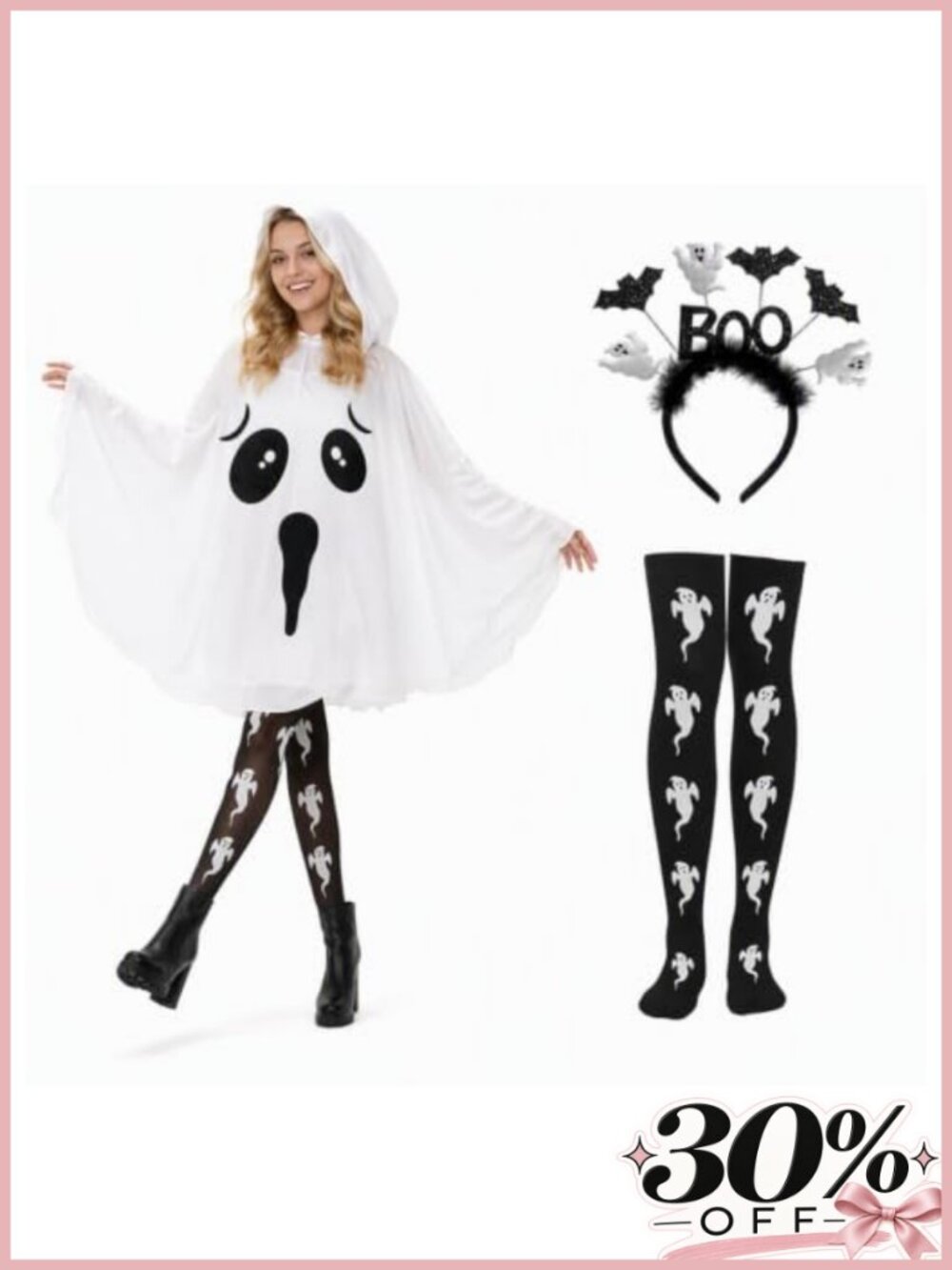 3-Piece Ghost Costume Set Hooded Cape Boo Headband Striped Knee-High Socks